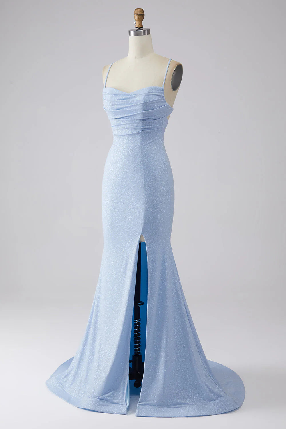 Vestido de fiesta azul claro de sirena brillante con abertura